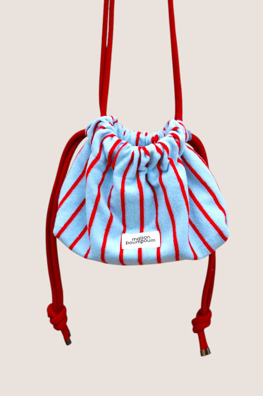 Mini sac bourse à cordon - Eponge rayure bleu et rouge – Maison Poumpoum