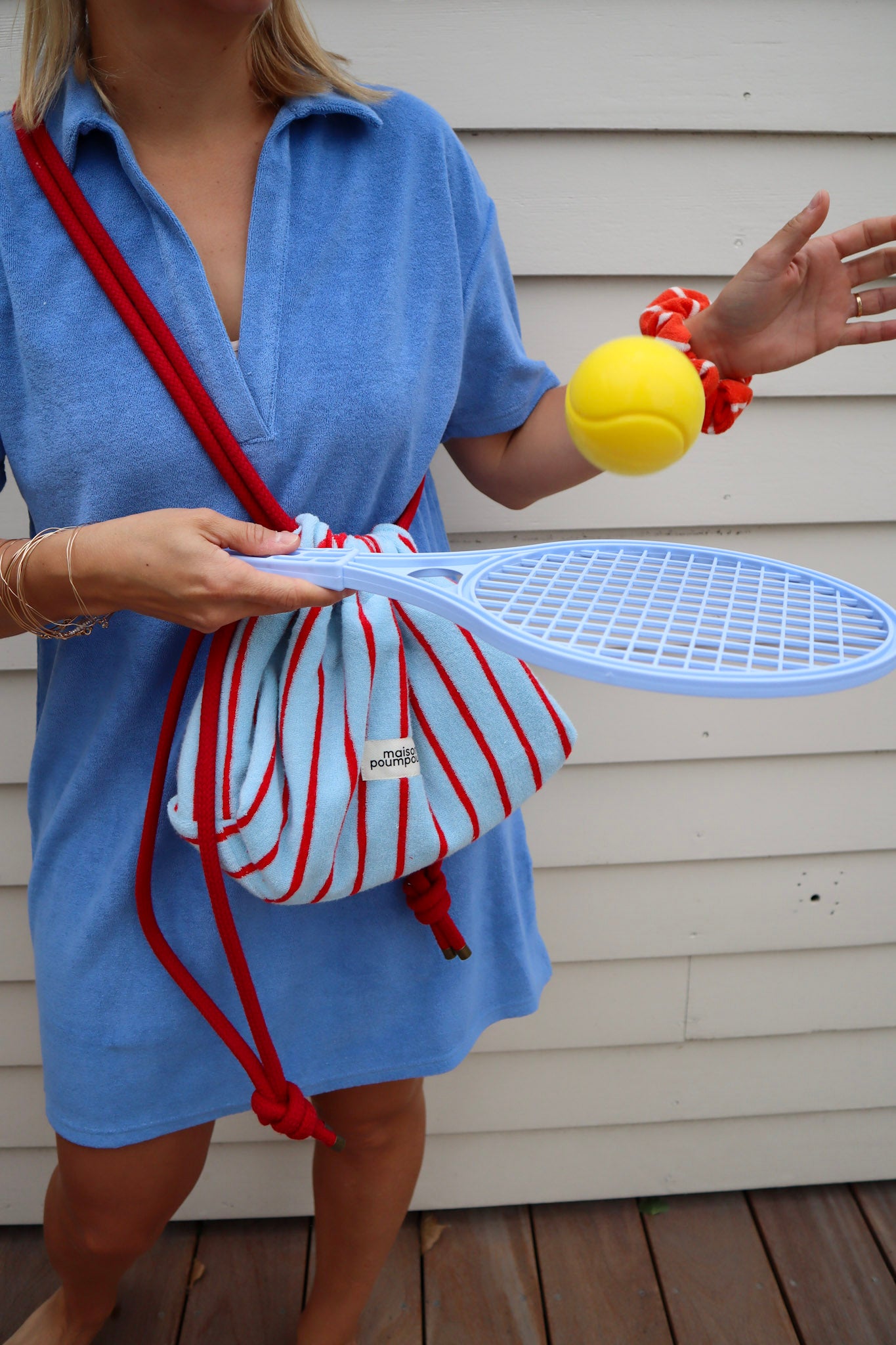 Mini sac bourse à cordon - Eponge rayure bleu et rouge – Maison Poumpoum