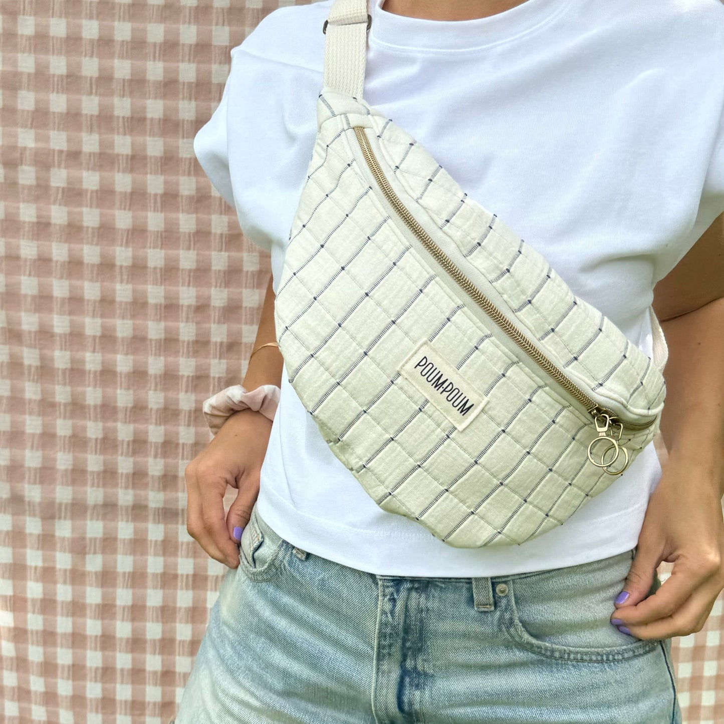 Sac banane - Coton matelassé carreaux crème