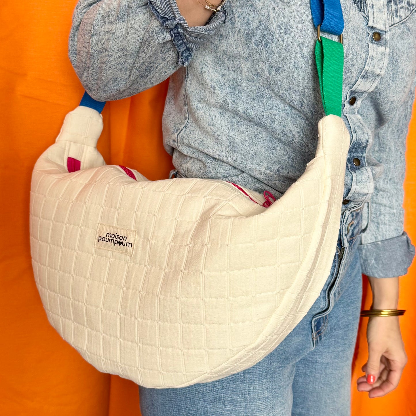 Sac Demi lune - Jacquard crème - Sangle colorée