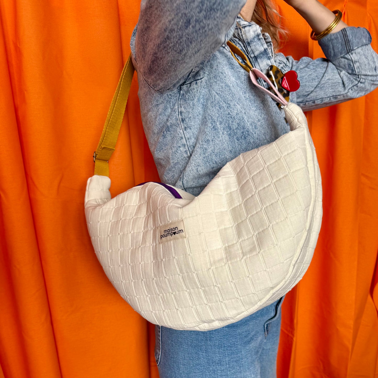 Sac Demi lune - Jacquard crème - Sangle colorée