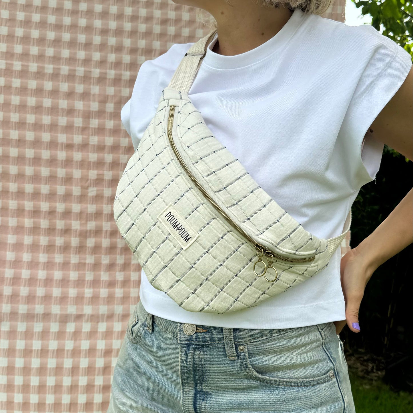 Sac banane - Coton matelassé carreaux crème