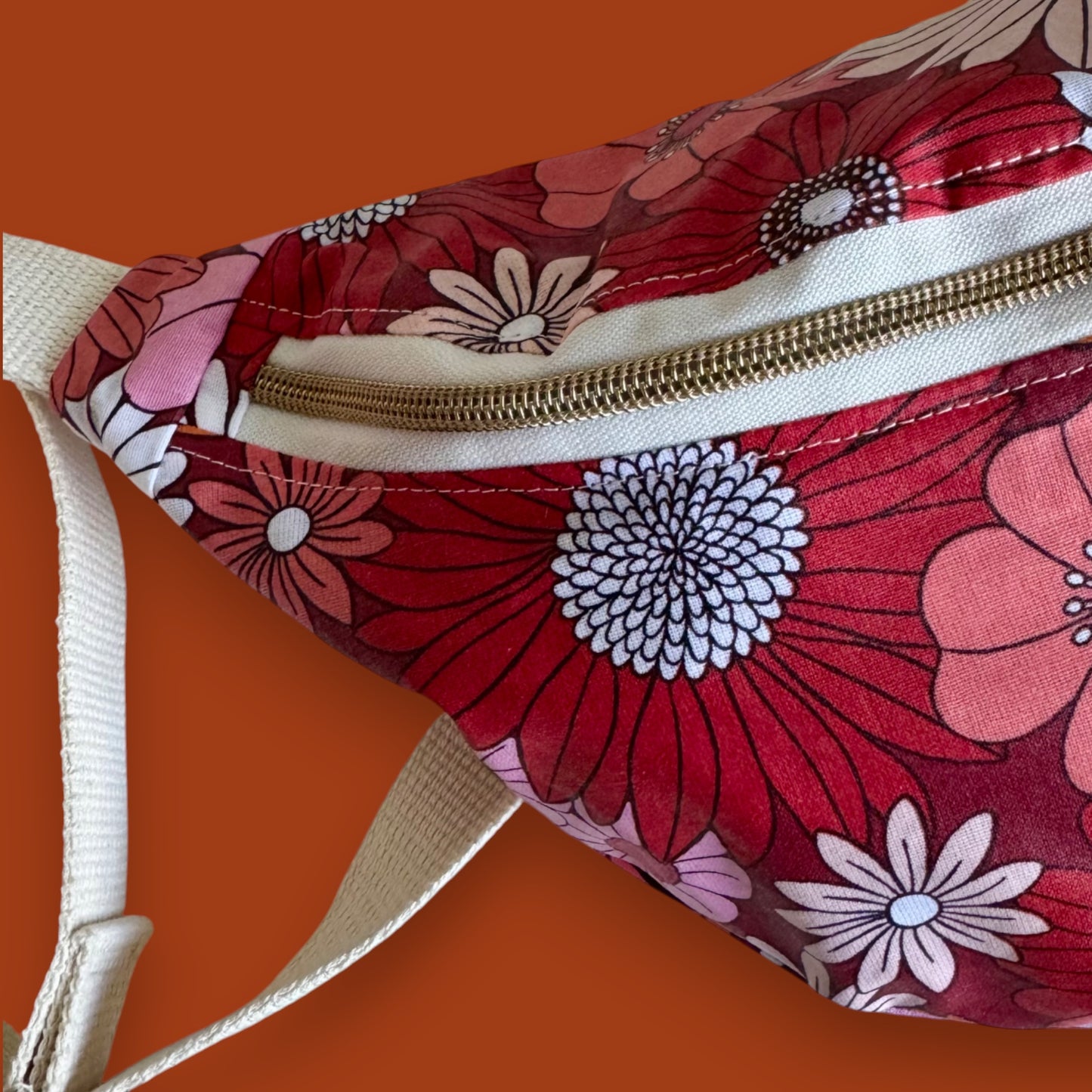 Sac banane - Coton enduit Fleuri rose & orange