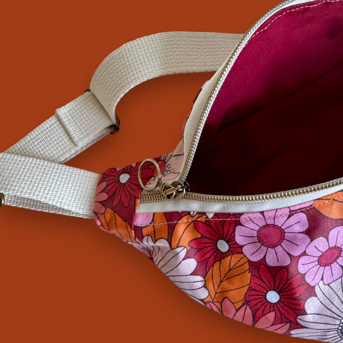 Sac banane - Coton enduit Fleuri rose & orange