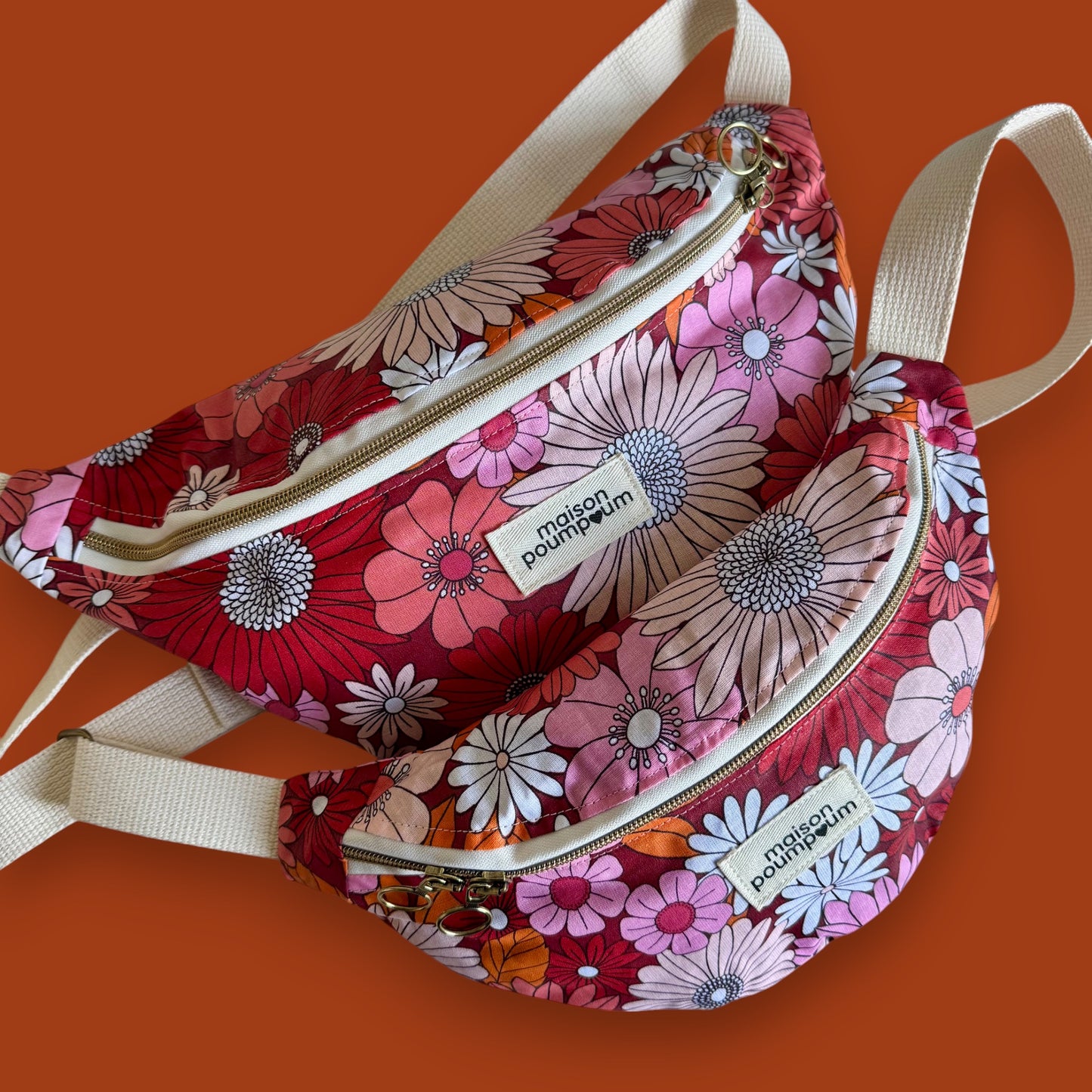 Sac banane - Coton enduit Fleuri rose & orange