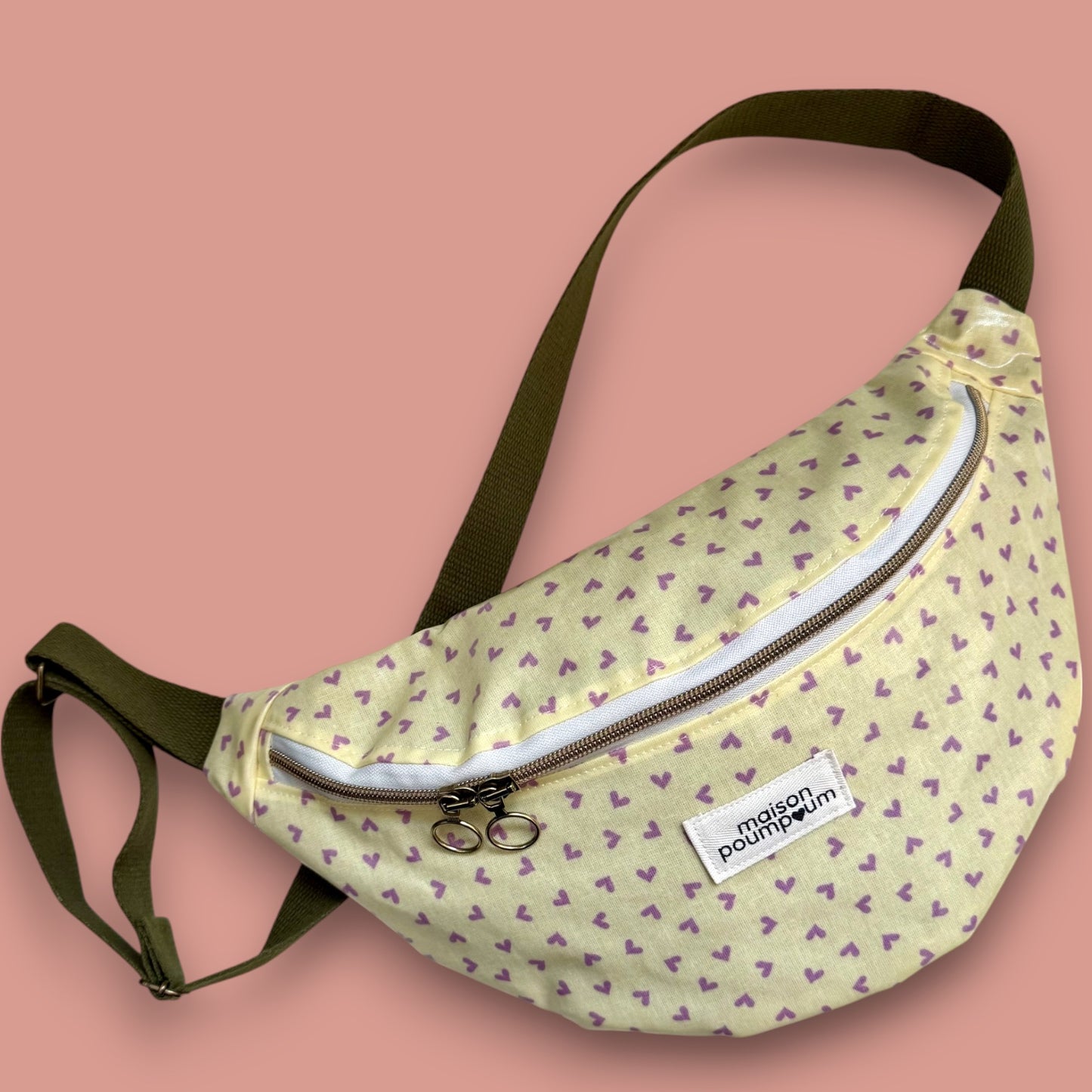Sac banane - Coton enduit - Coeurs violets & fond jaune