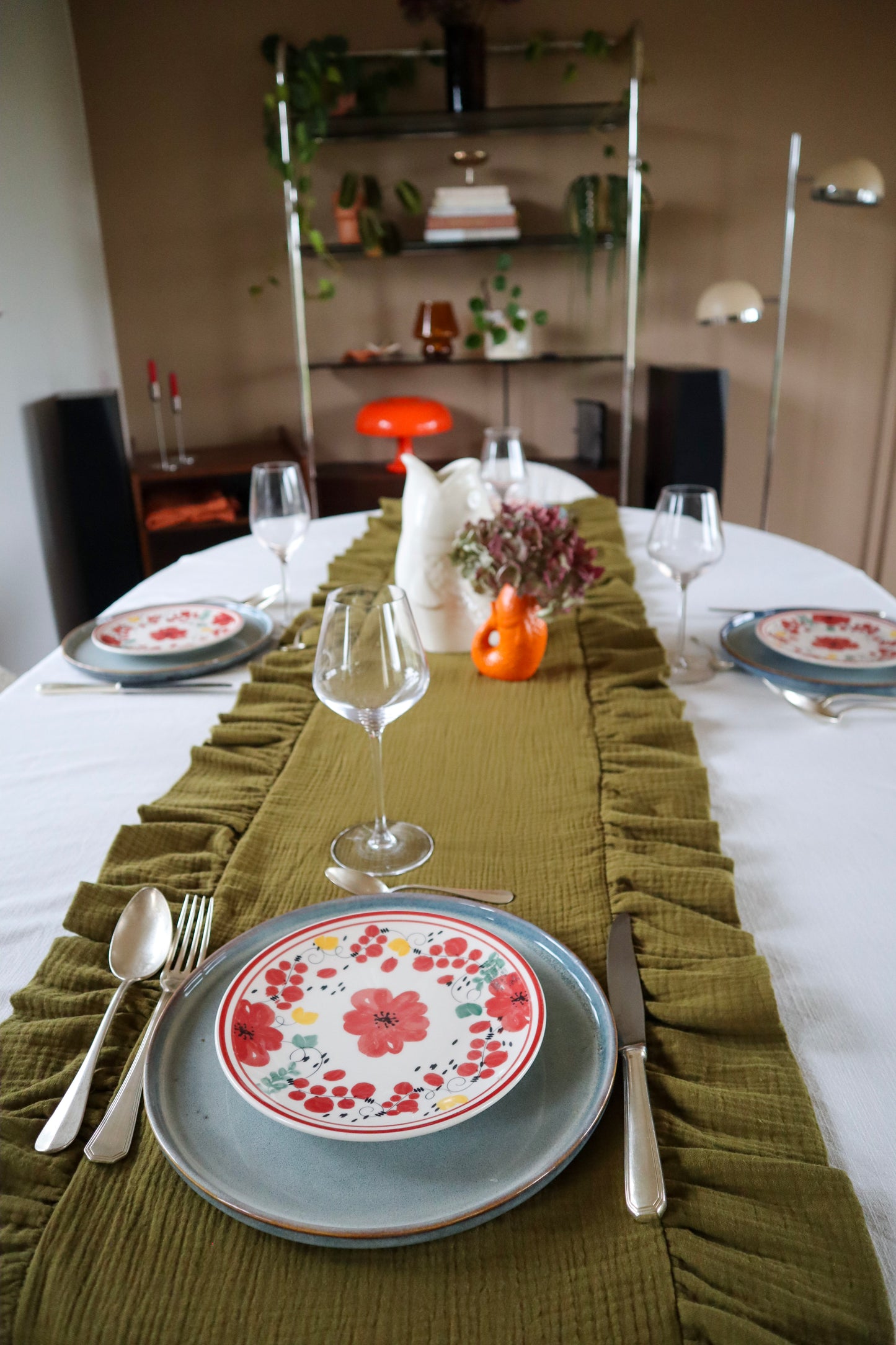 Le chemin de table Réversible - Rayure kaki et gaze de coton kaki - La maison poumpoum