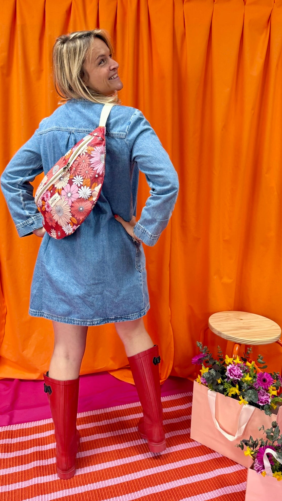 Sac banane - Coton enduit Fleuri rose & orange
