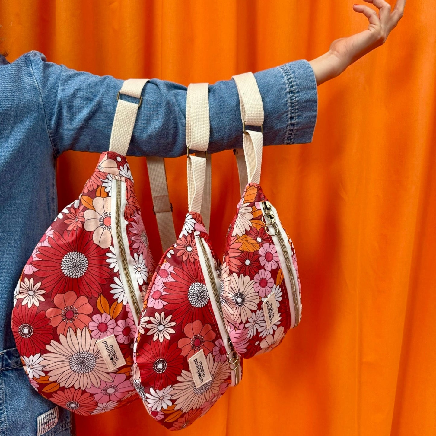 Sac banane - Coton enduit Fleuri rose & orange