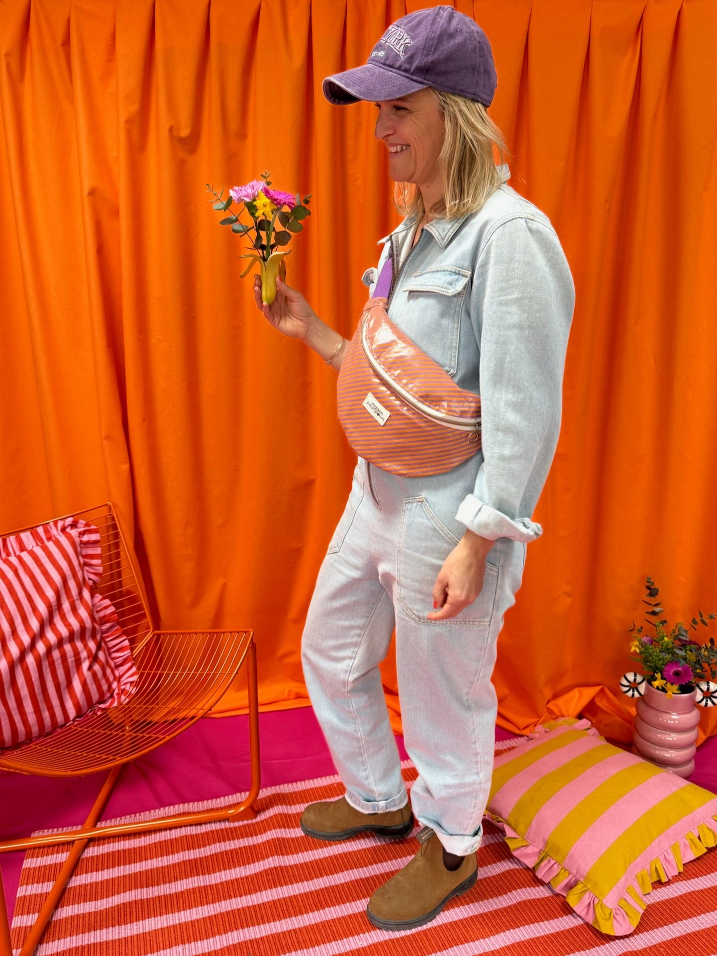 Sac banane - Coton enduit - Rayure violets & orange