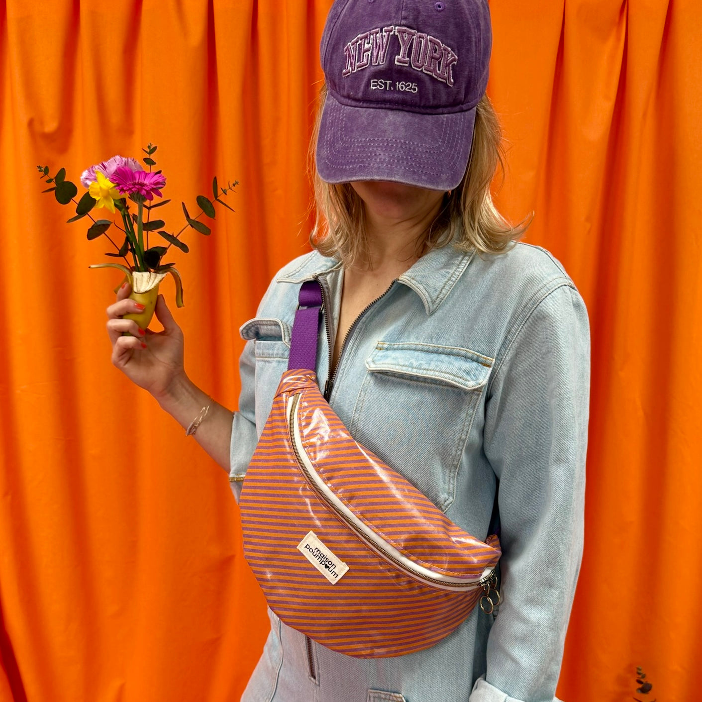 Sac banane - Coton enduit - Rayure violets & orange