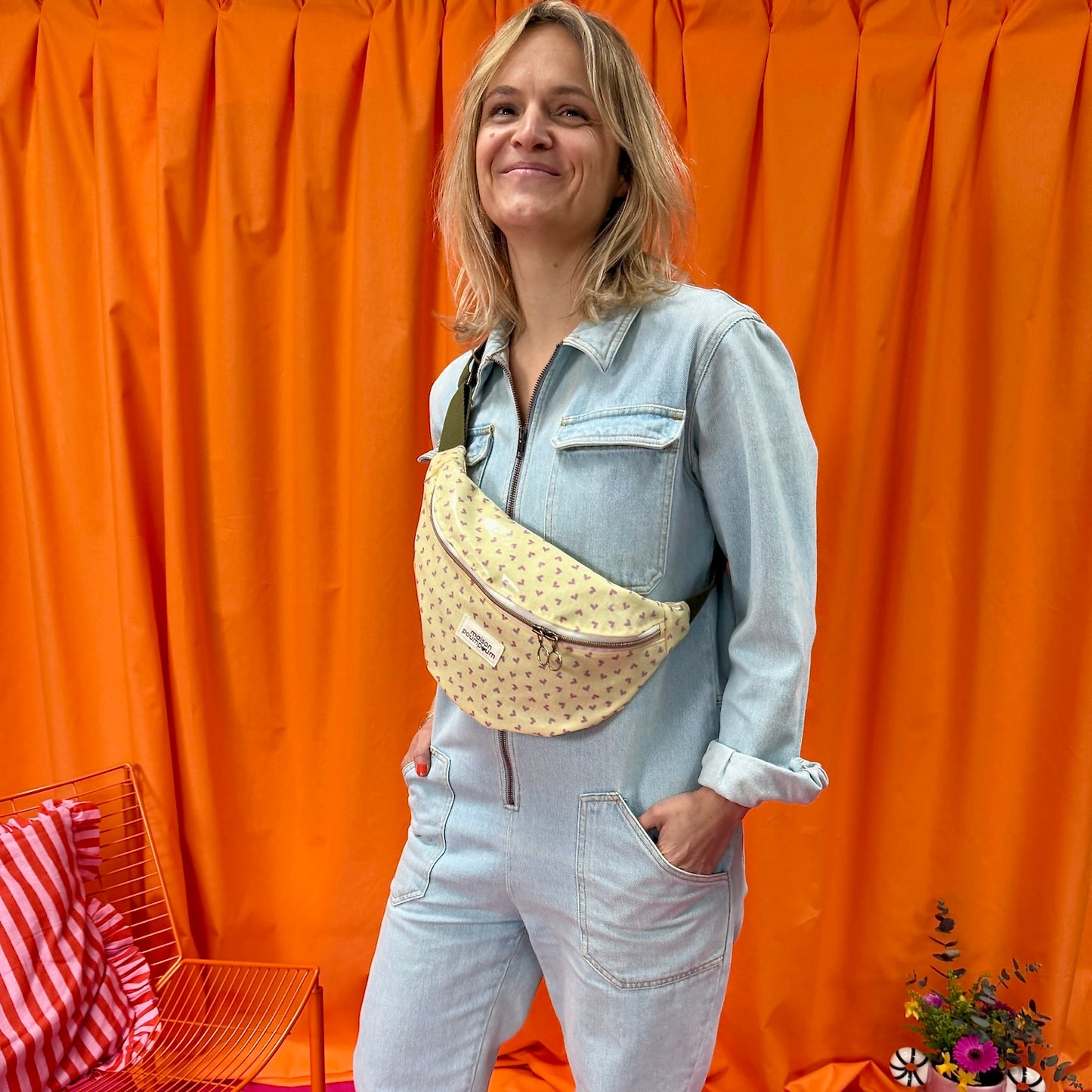 Sac banane - Coton enduit - Coeurs violets & fond jaune