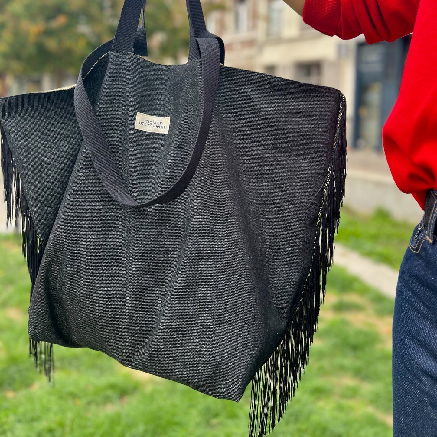 Maxi Totebag - Jean noir à franges