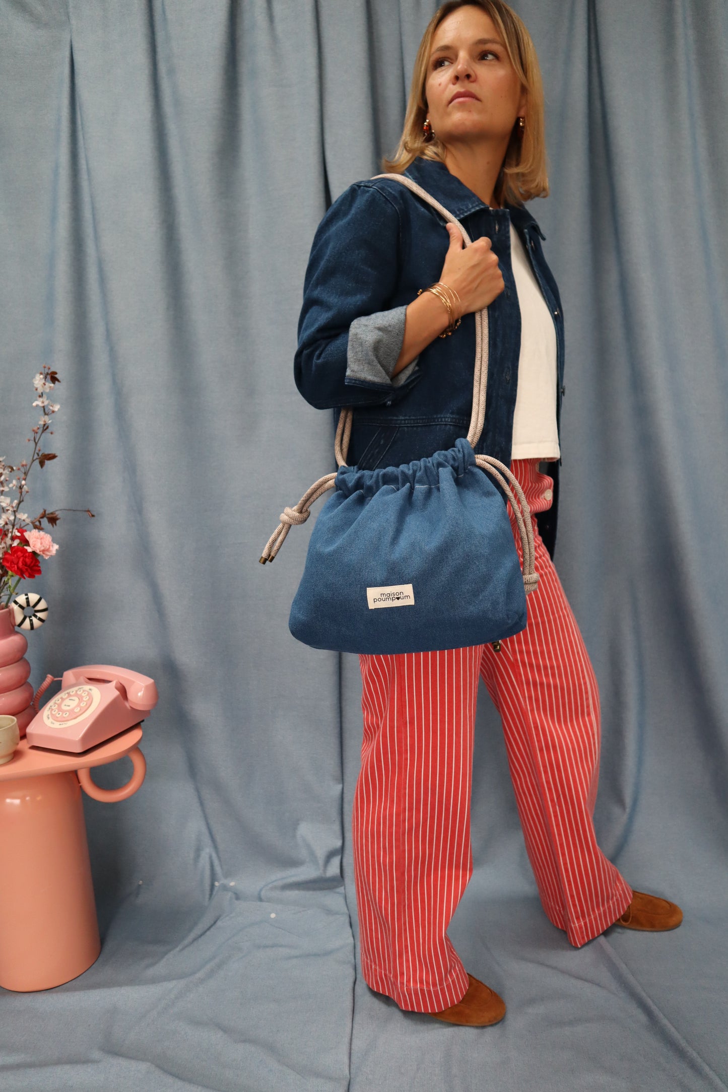 mini sac bourse jean brut cordon beige Maison PoumPoum femme style