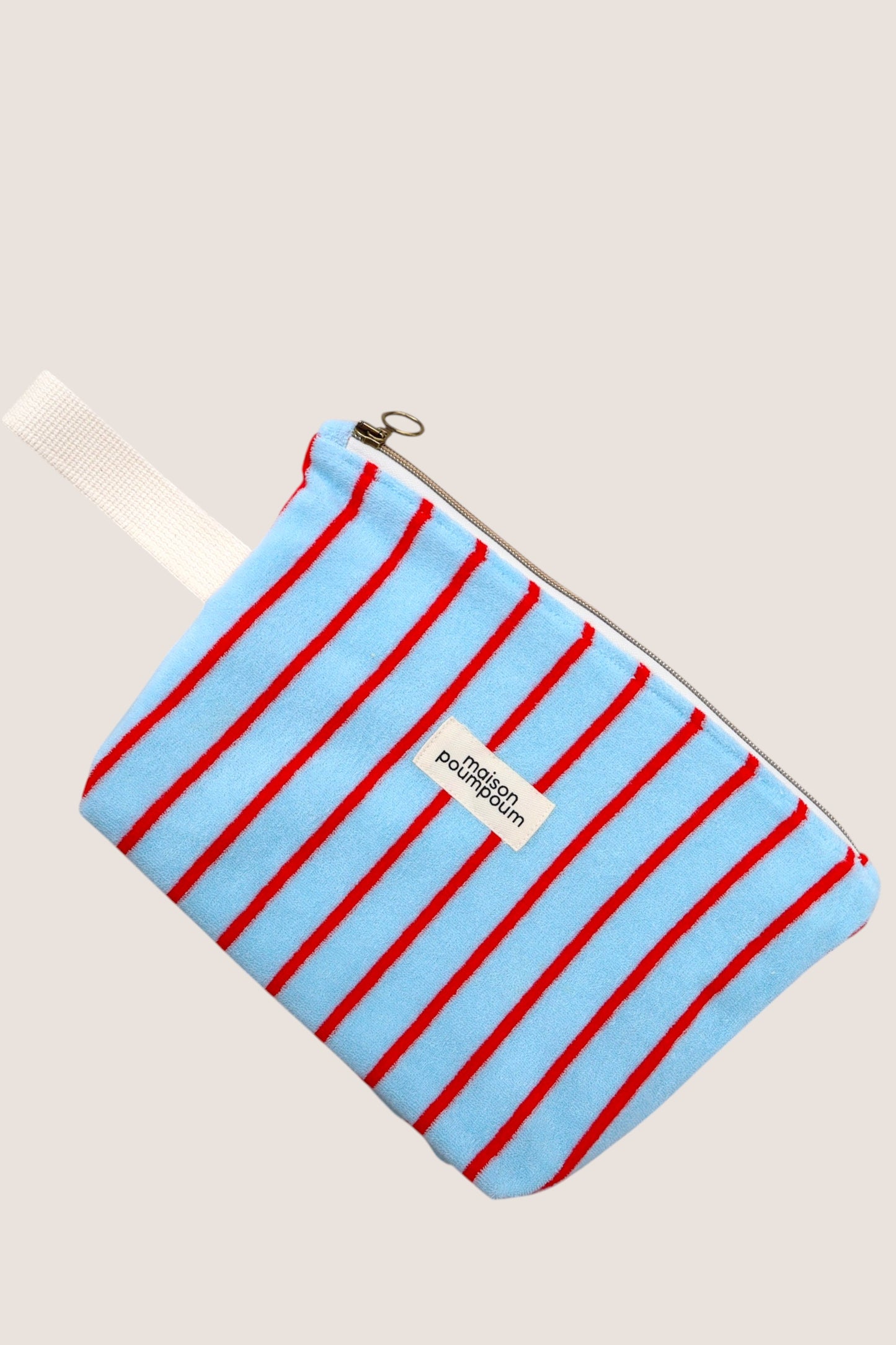 pochette plage éponge rayure bleu et rouge - maison poumpoum