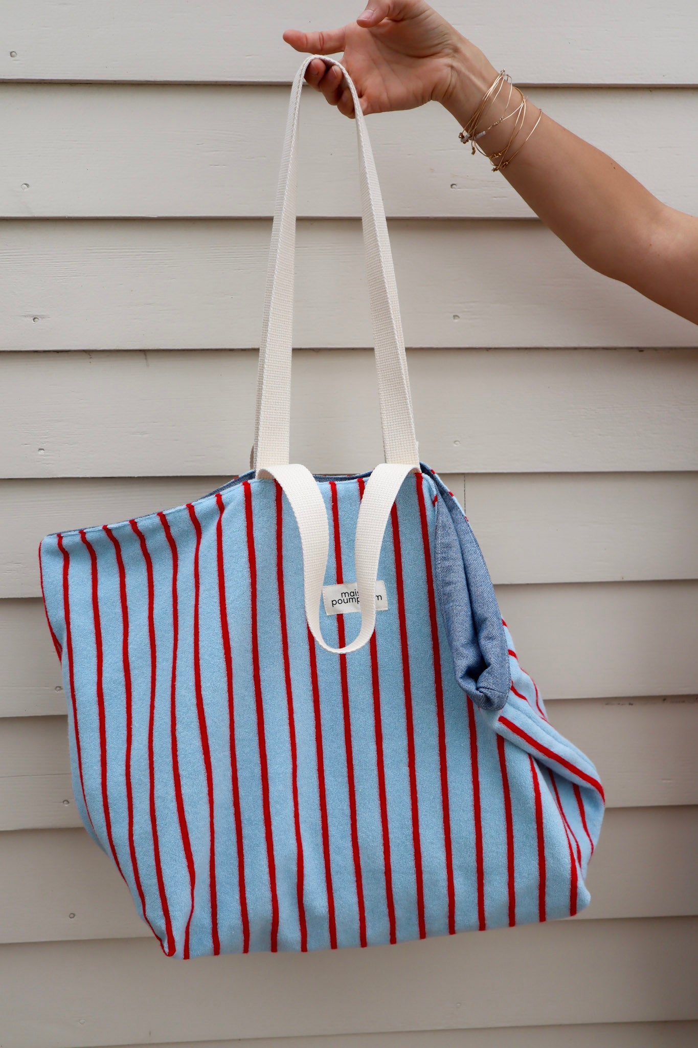 cabas reversible eponge rayure bleu maison poumpoum cabas