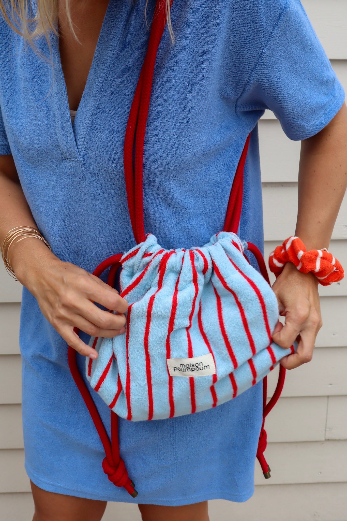 Mini sac bourse à cordon - Eponge rayure bleu et rouge – Maison Poumpoum