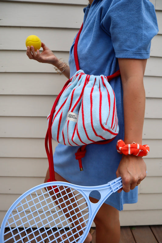 Mini sac bourse à cordon - Eponge rayure bleu et rouge – Maison Poumpoum