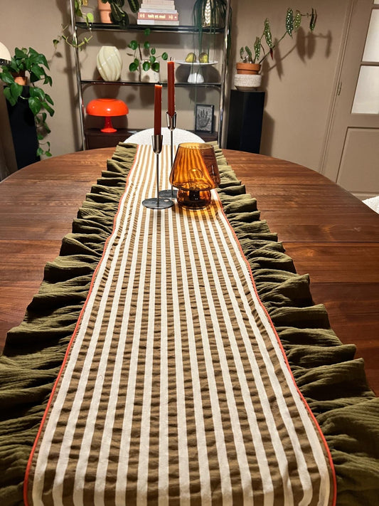 Le chemin de table Réversible - Rayure kaki et gaze de coton kaki  - La maison poumpoum