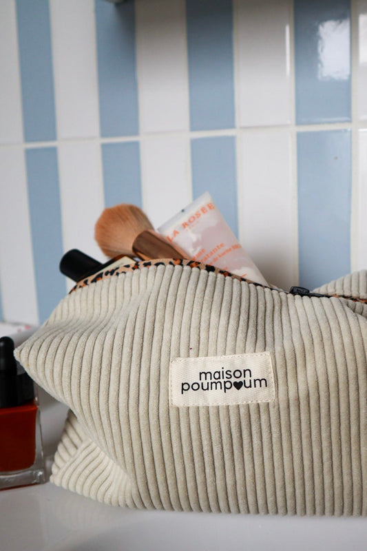 Trousse de Toilette - Velours crème et zip léopard