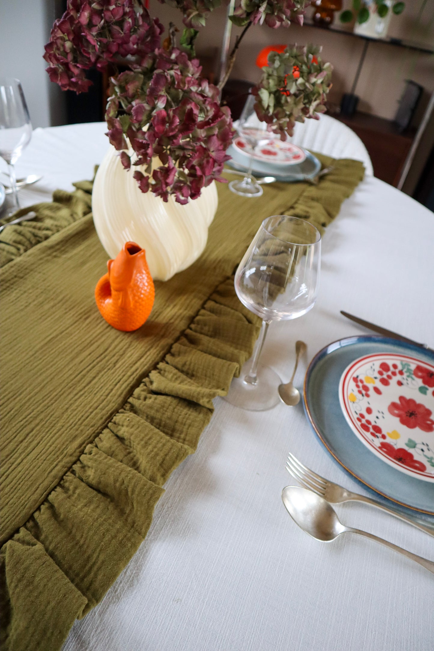 Le chemin de table Réversible - Rayure kaki et gaze de coton kaki  - La maison poumpoum