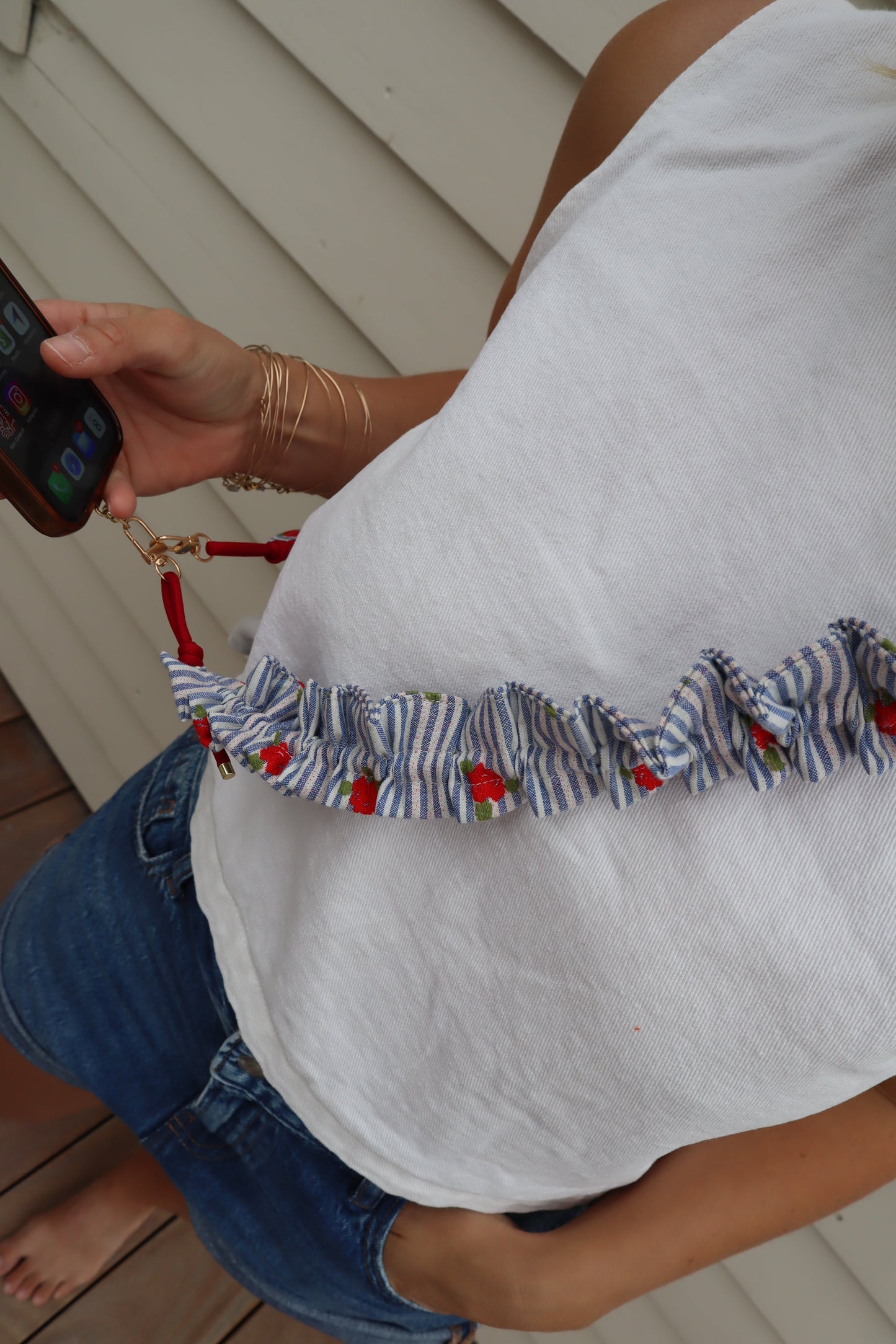 Cordon téléphone à froufrous Jacquard rayure fleurie – Maison PoumPoum