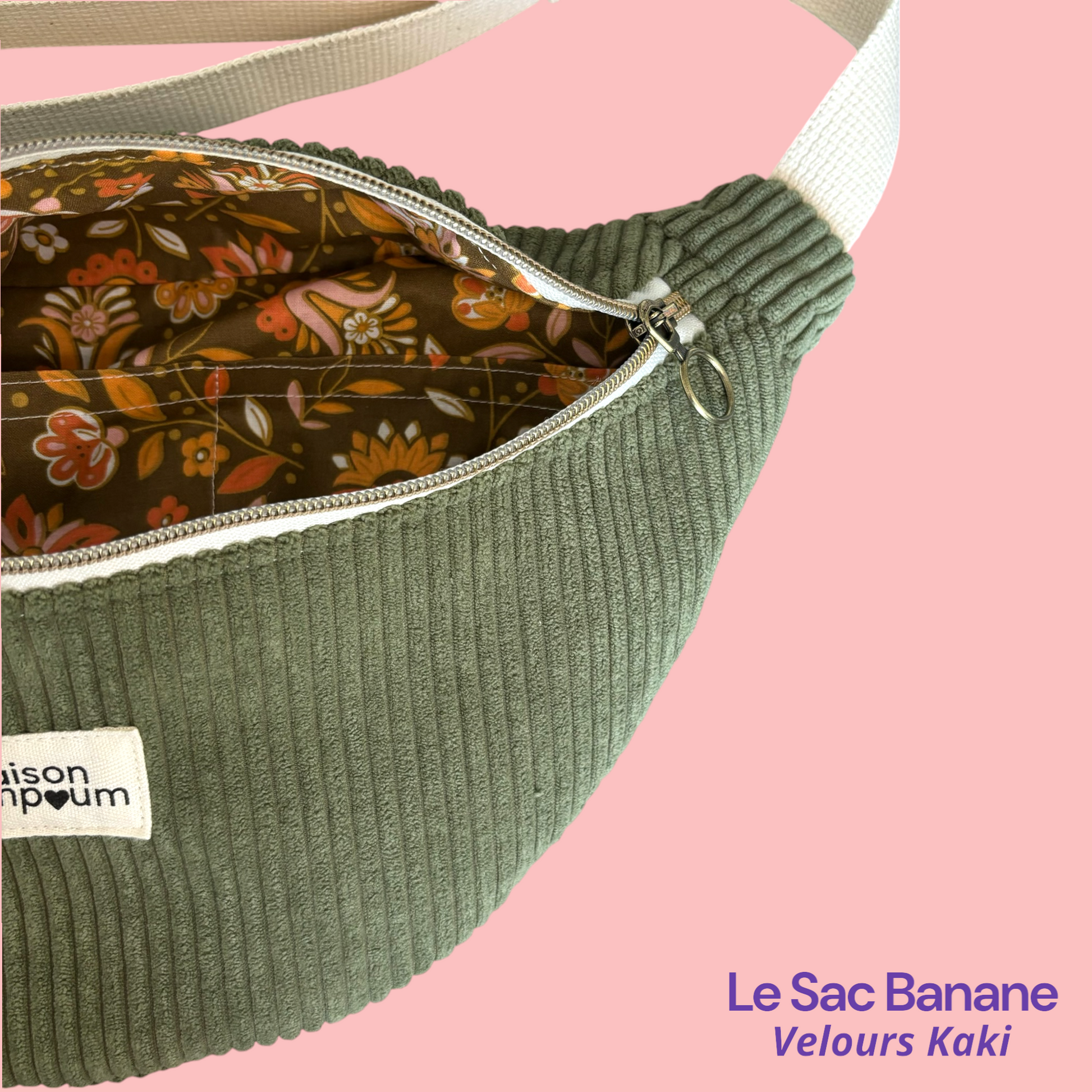 Sac Banane Velours Kaki interieur zoom