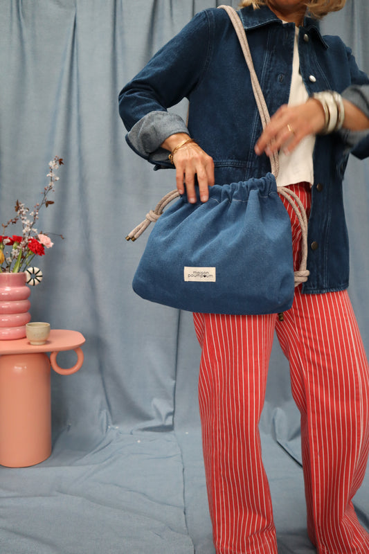 mini sac bourse jean brut cordon beige Maison PoumPoum