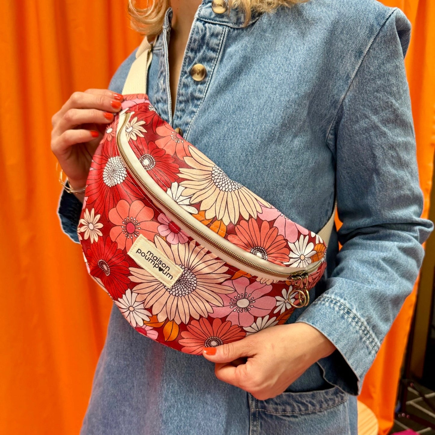 Sac banane - Coton enduit Fleuri rose & orange