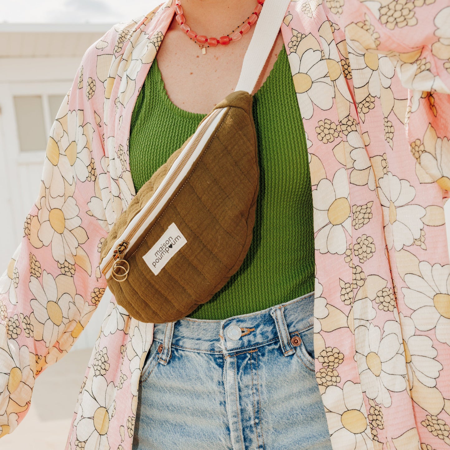 sac banane gaze de coton kaki portee