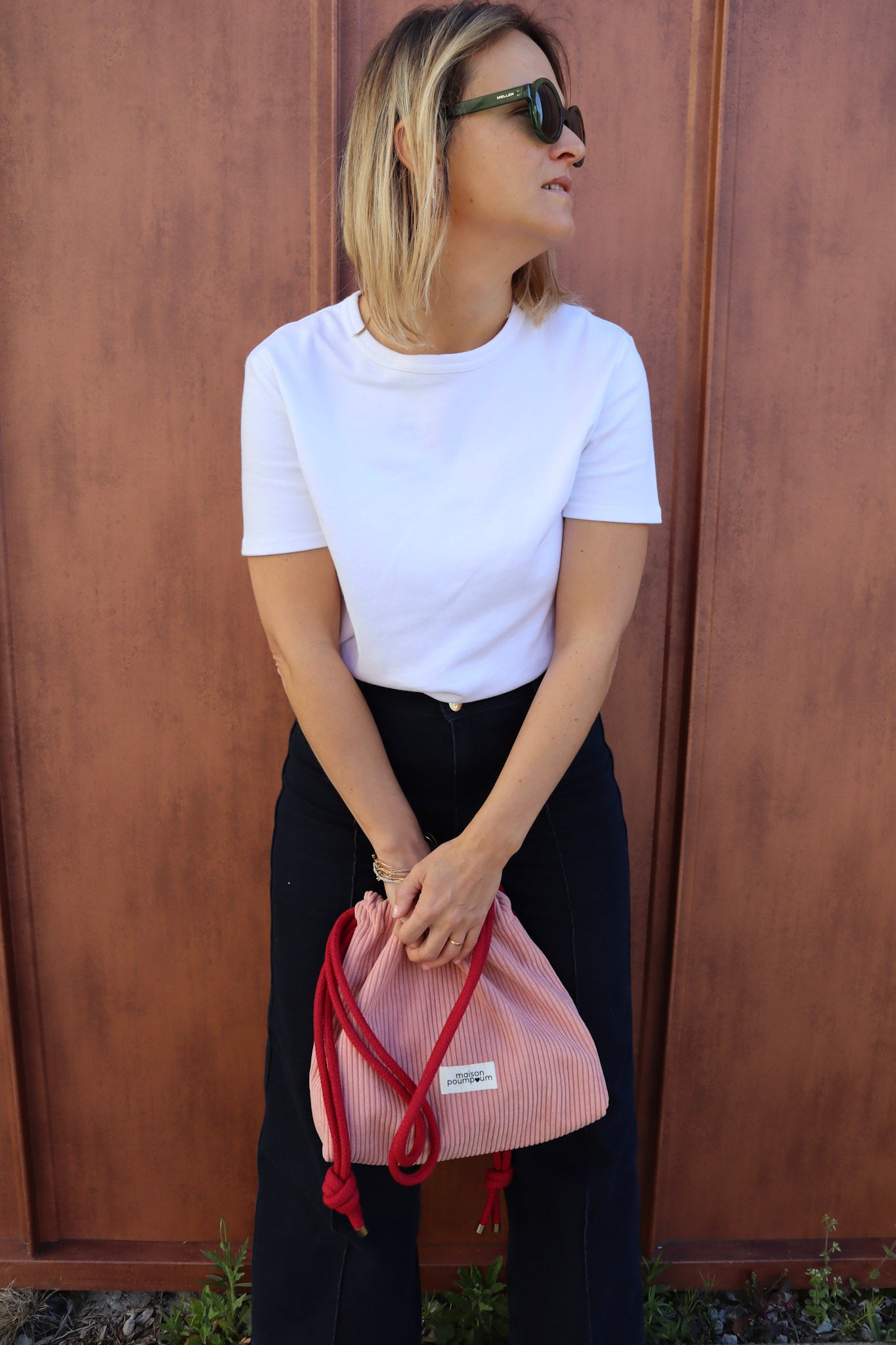 sac bourse mini cordons velours rose Maison PoumPoum main