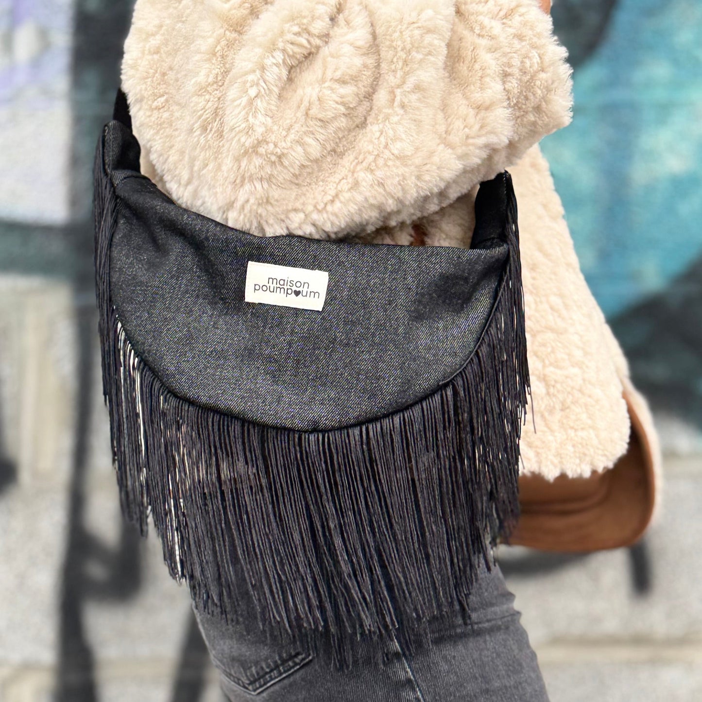 Sac Demi Lune - Jean Noir à Frange