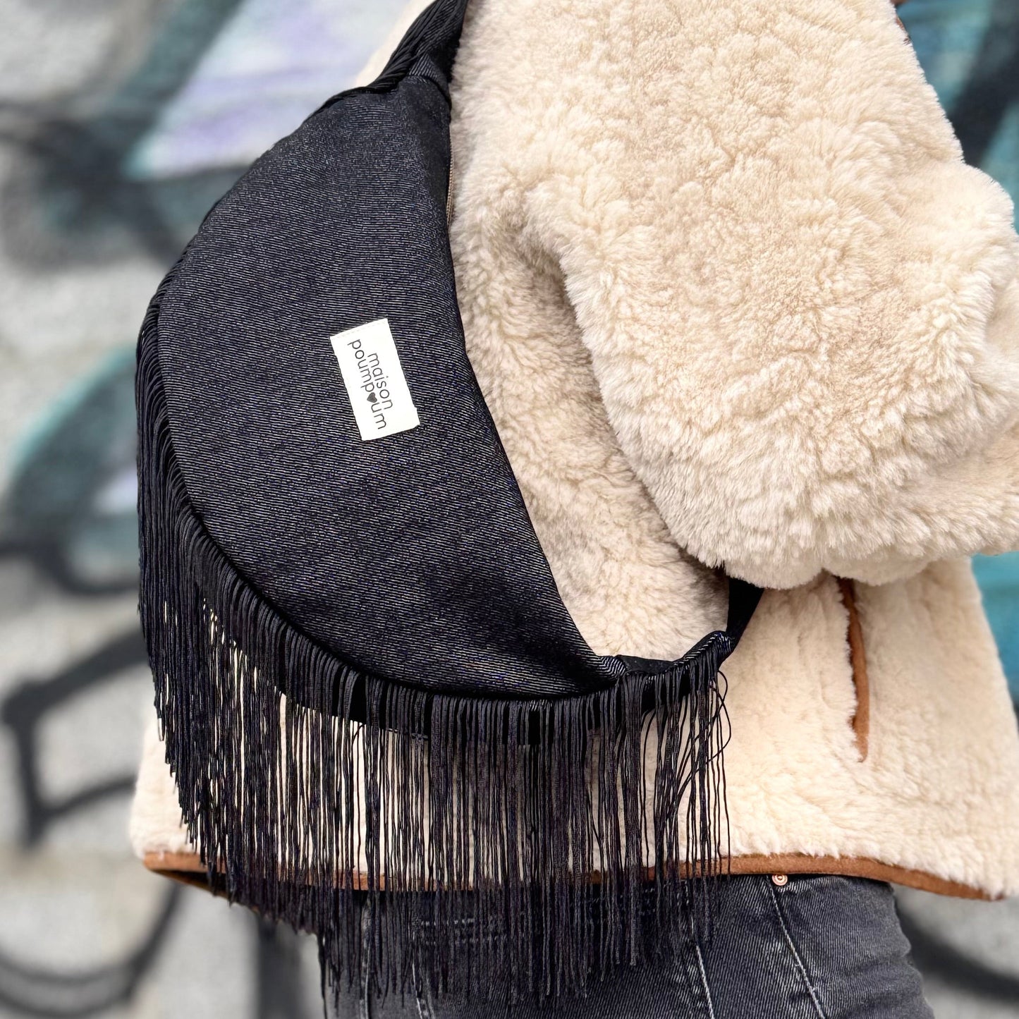 Sac Demi Lune - Jean Noir à Frange