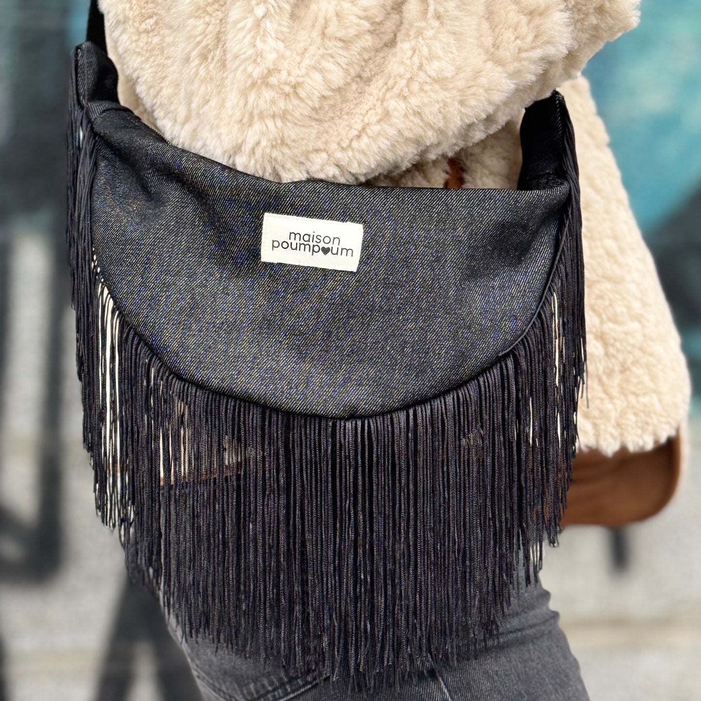 Sac Demi Lune - Jean Noir à Frange
